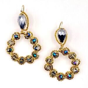 Handmade 10K Gold Plated Large Beaded Hoops AB Crystals Drop Statement Earrings